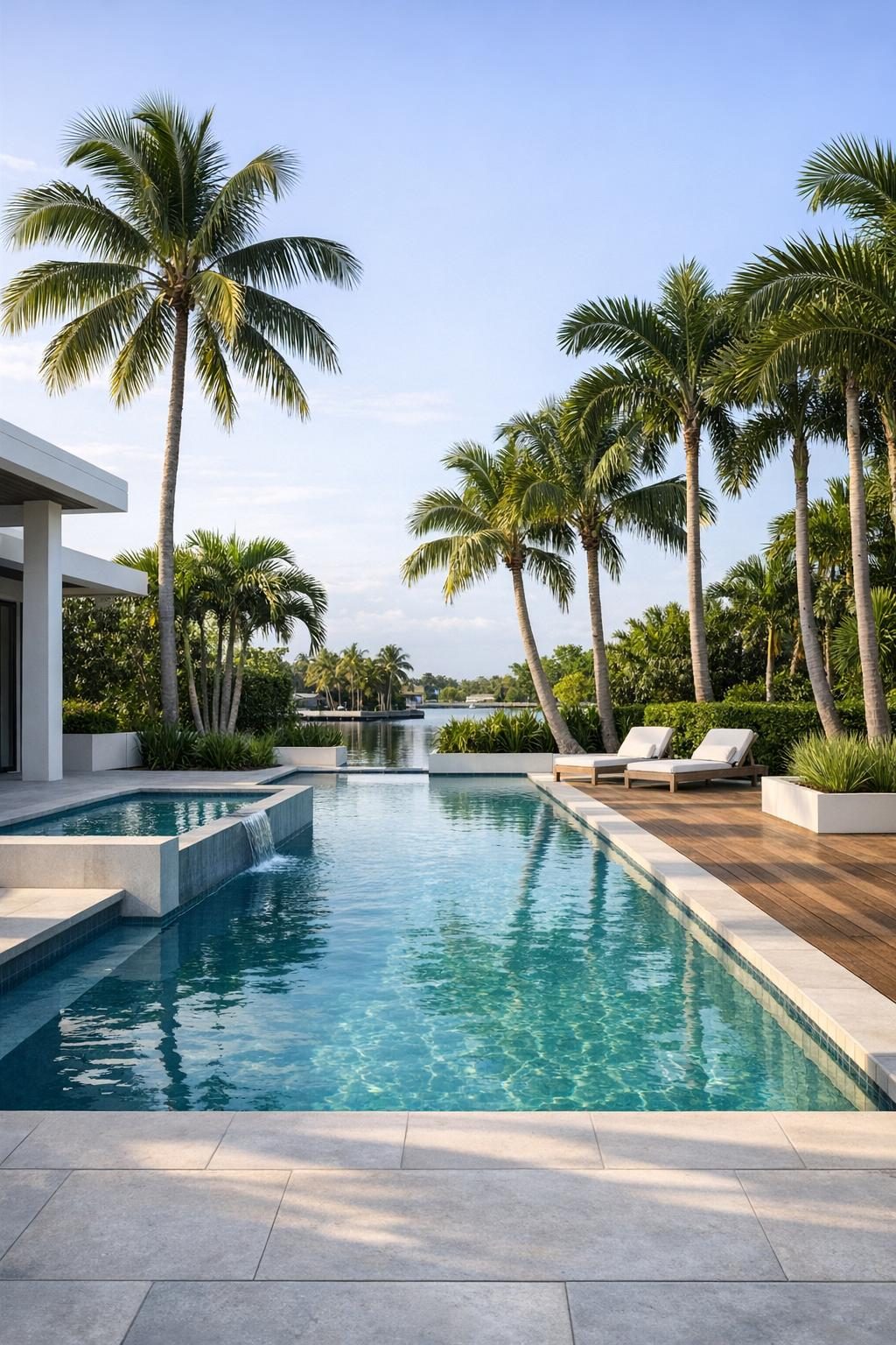 a completed pool with palm trees